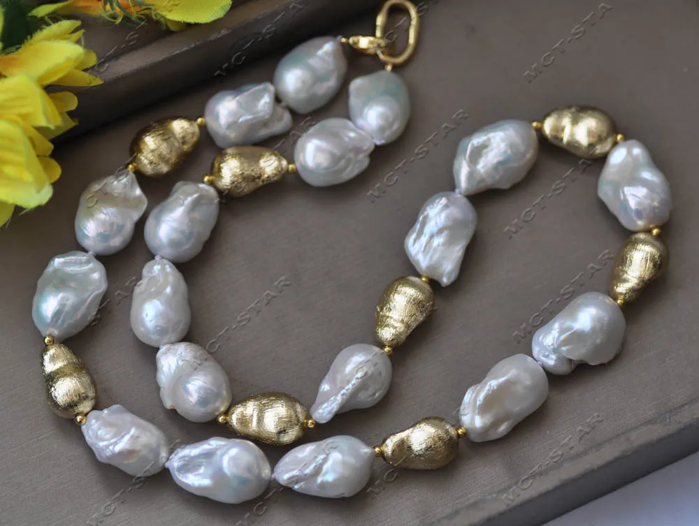 Z13124 Set 24mm White Baroque Keshi Reborn Pearl Gold-Plated Peasecod Necklace Bracelet Earring