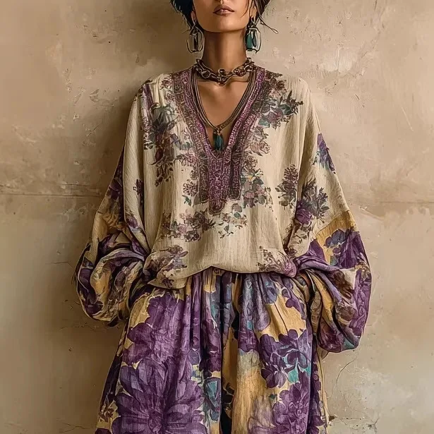 

2026 Spring New Retro Print Loose V Neck Top Long Skirt Two Piece Set Elegant Fashion Design Women Outfit