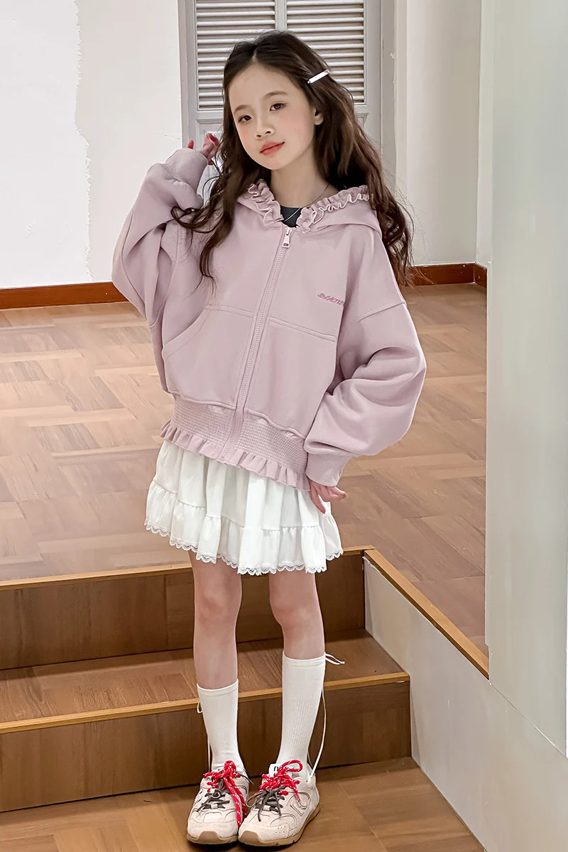 Mädchen Kapuzenpullover Frühling Herbst 2026 Neuer Stil Süßer Niedlicher Rüschenbesatz Reißverschluss-Mantel mit Taschen Kinderkleidung – Detail 19