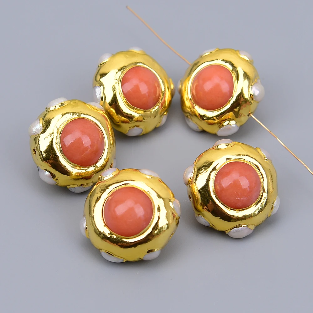 APDGG 5 Pcs 24mm Cultured White Pearl Orange Jade Paved Gold Edged Loose Beads For Jewelry Making DIY