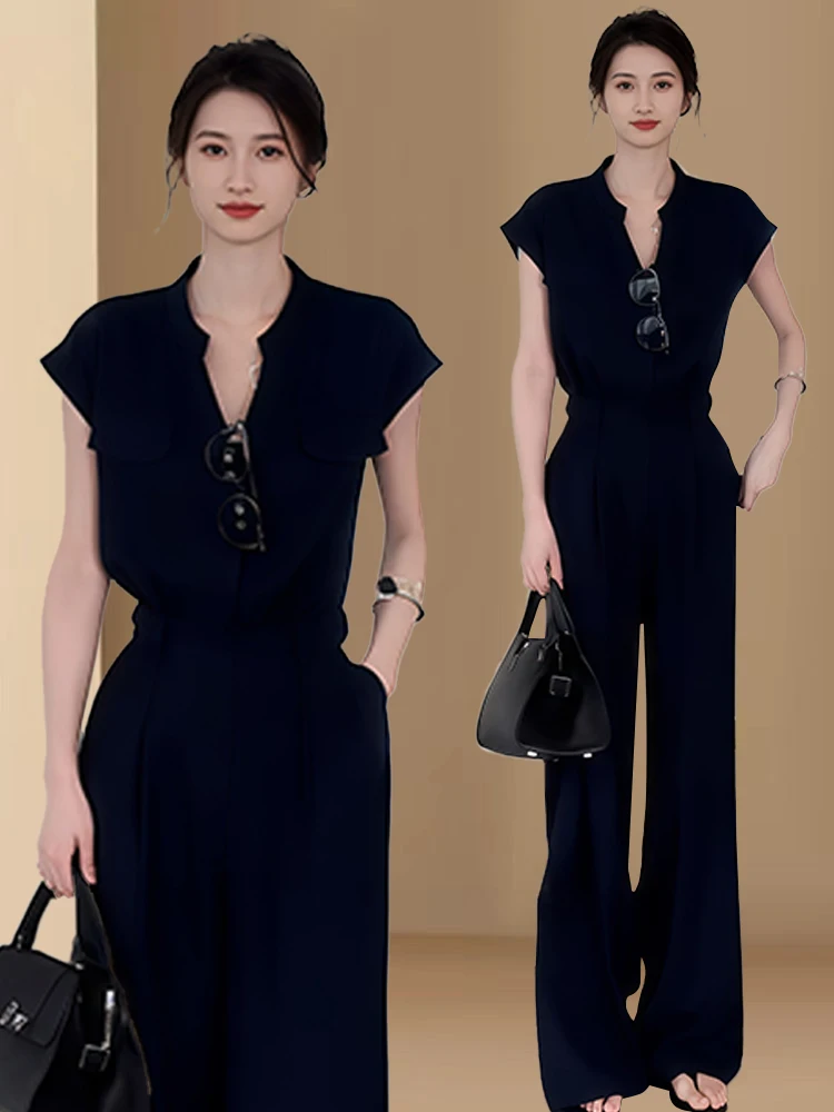 엘리 하이웨이스트 원피스 팬츠 여성용 패셔너블 여름 슈트 슬리밍 플러스 사이즈 트렌디 세트 출퇴근 스타일 리벳 장식...