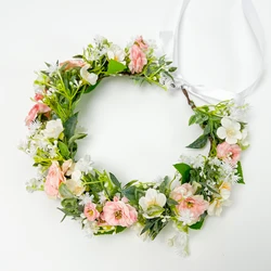 Artificial Flower Braided Wreath Bride Women Flower Crown Hair Band Wedding Floral Headband Garland Ribbon Girl Hair Accessories