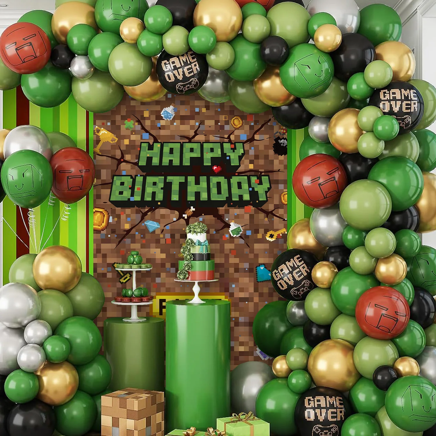 Pixel-Baustein-Spiel für Jungen, Bogen-Hintergrund, Happy-Birthday-Fotohintergrund, Wanddekorationen für Kindergeburtstagsfeiern – Detail 4
