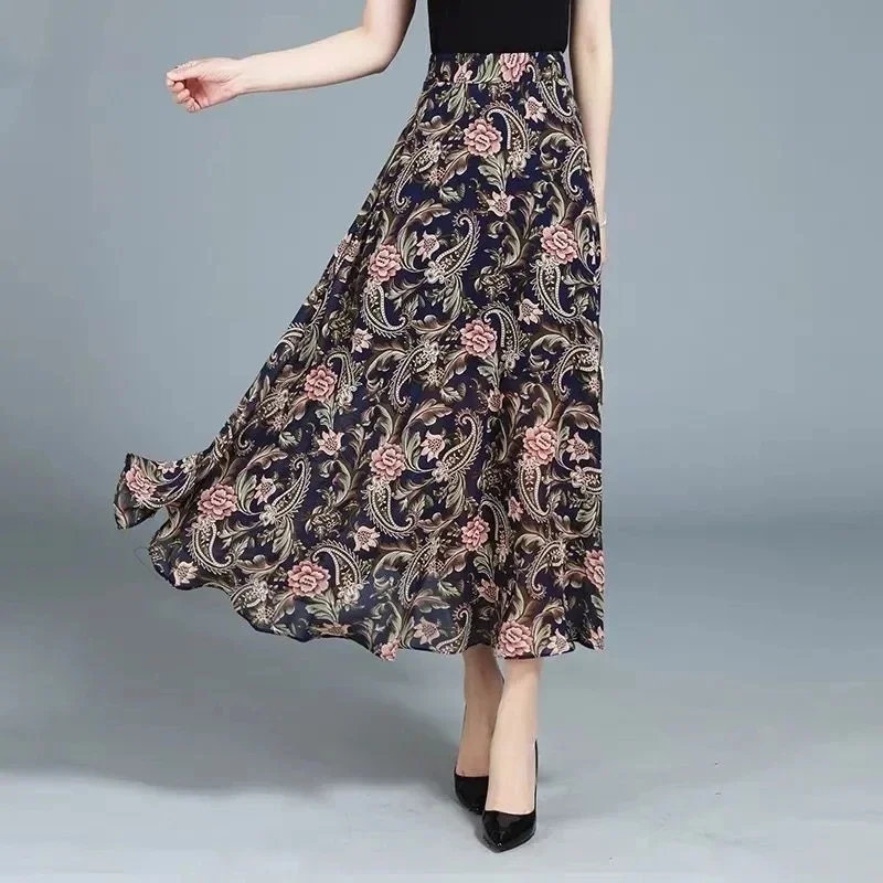 2025 primavera verão nova chiffon a linha saia feminina cintura alta divisão grande balanço saia floral casual all-match longo a linha saias