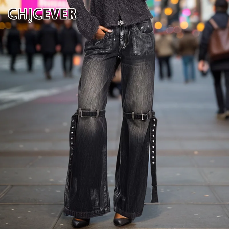 

CHICEVER Y2K Black Spliced Lace Up Trousers For Women High Waist Patchwork Pockets Distressed Flare Denim Pant Female Clothing