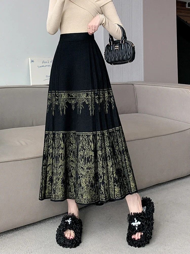 

Vintage Knitted Long Skirt for Women 2024 Autumn Winter Thick Warm Elegant A Line High Waist Pleated Maxi Skirt Female Z452