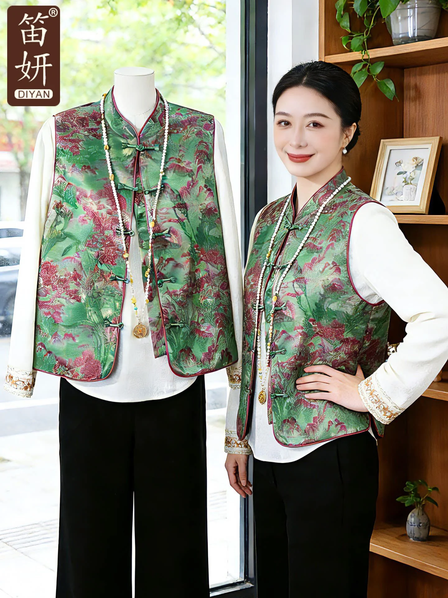 

Sli Mom Spring Faion New Chinese Sle National Trend Vest Middle Aged Women's Svel round Ne Outerwear Coat