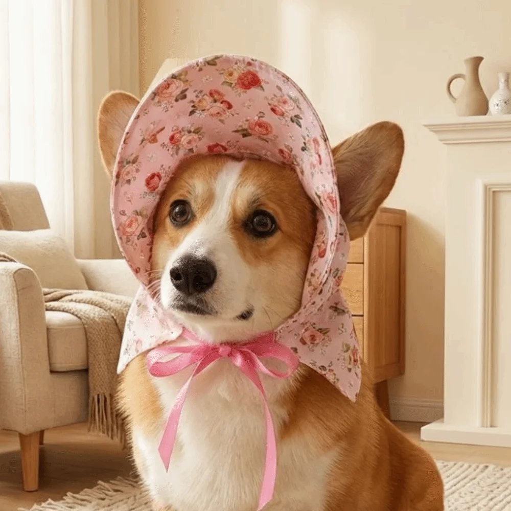 

Floral Pattern Pet Sun Hat Adjustable UV Protection Cat Sun Protection Hat Breathable With Ear Holes Adorable Pet Hat