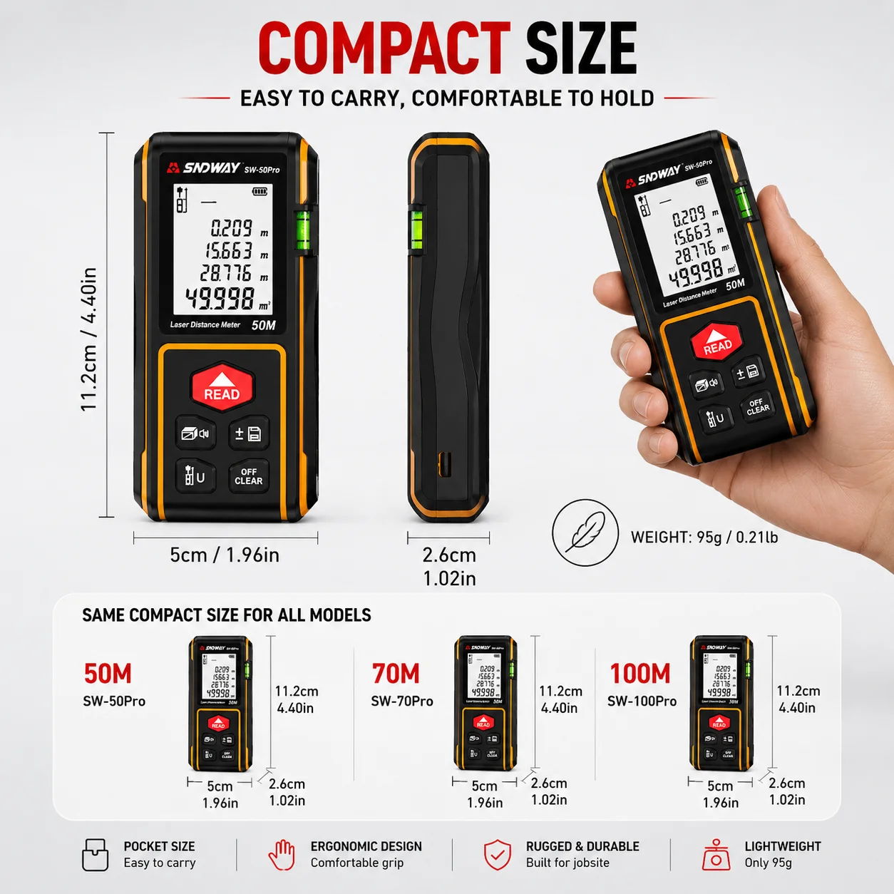 SNDWAY Laser Afstandsmeter SW-50Pro 50M 70M 100M Digitale afstandsmeter ±2mm Nauwkeurigheid Oppervlakte- en volumemeting