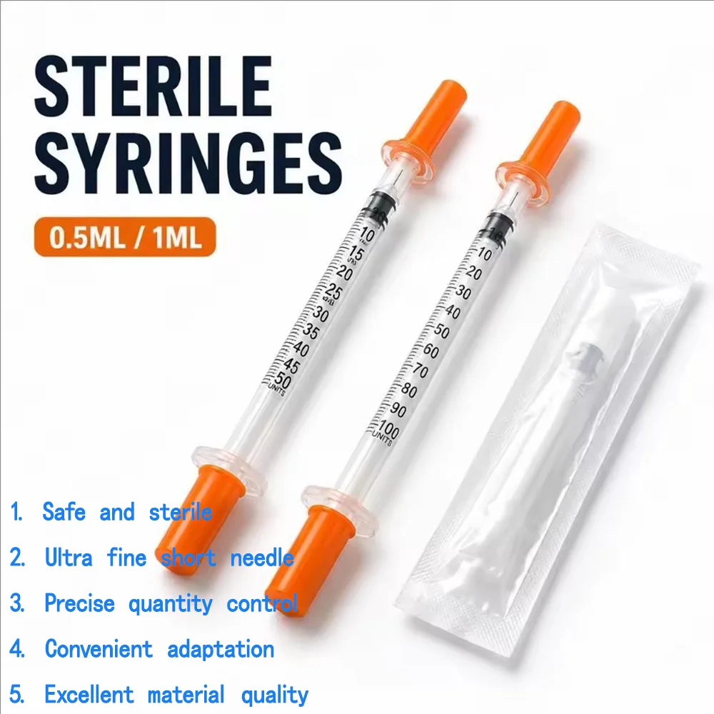 1/100PCS Disposable Sterile Plastic Veterinary Syringe 0.5/1ml with Orange Cap Needles Daily Medication of Pets and Farm Animals