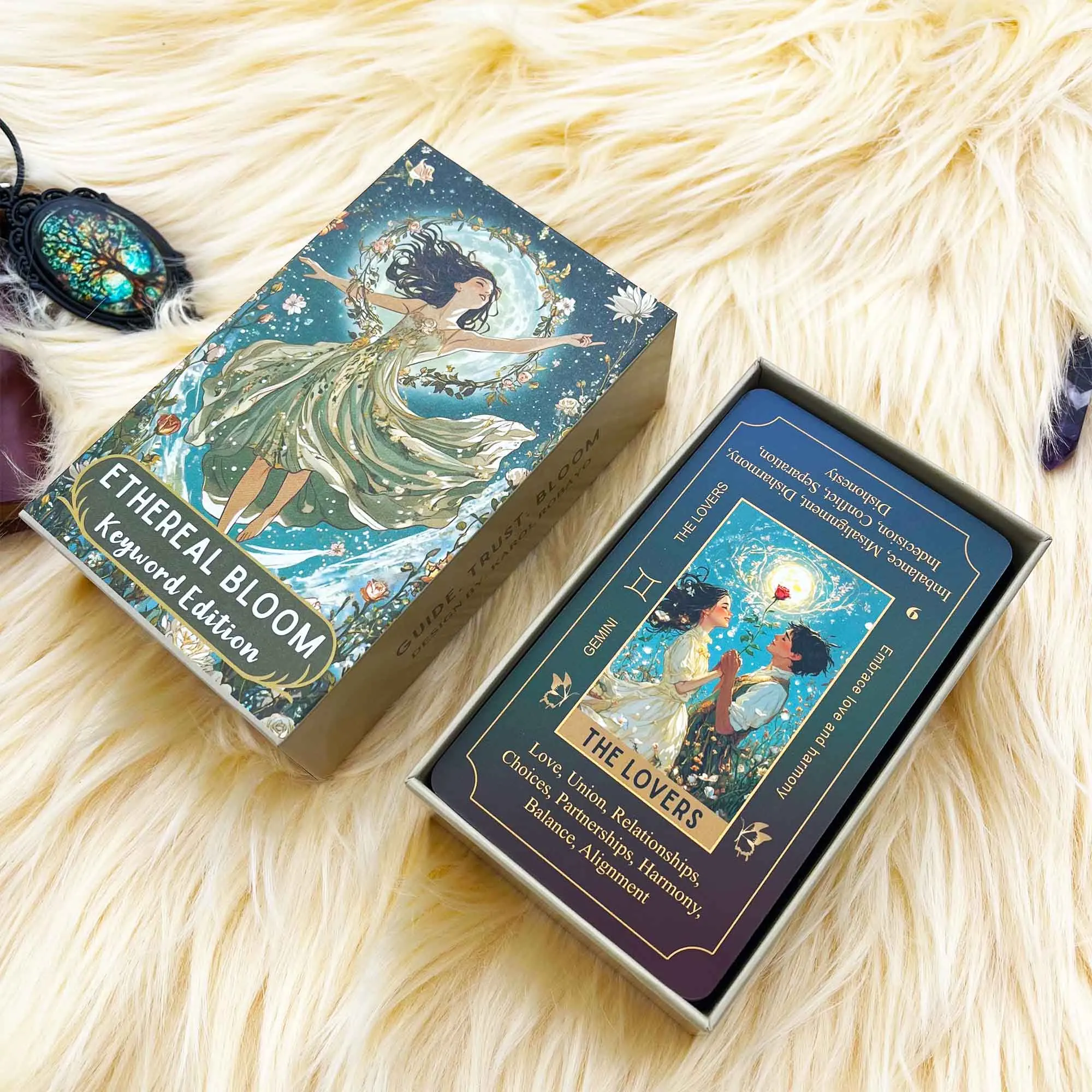 78 Tarot Cards, 13x8 Cm, Ethereal Bloom Tarot Keyword Edition, Connect with Inner Light, Ideal for Beginners, Card Game Set