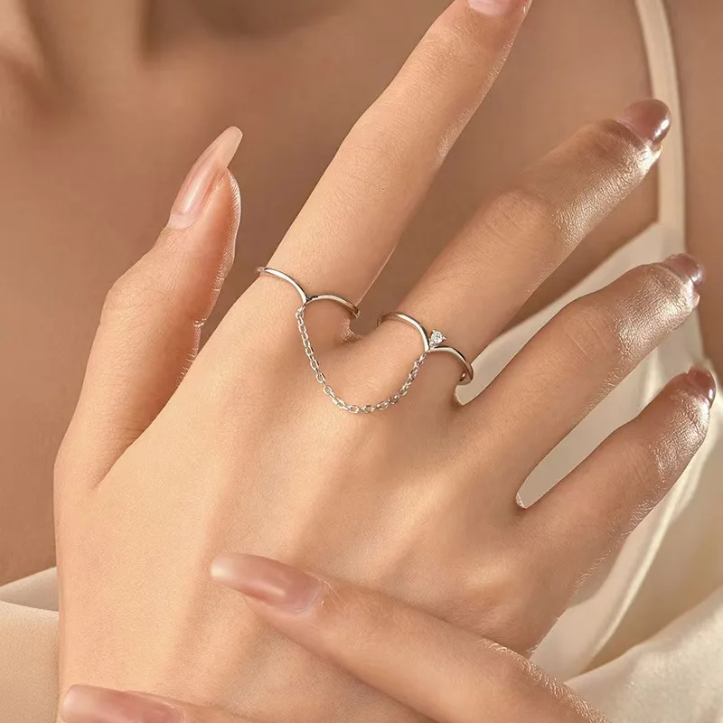 

925 sterling silver double ring ring stacking chain personality open ring female ins new V-shaped diamond adjustable ring