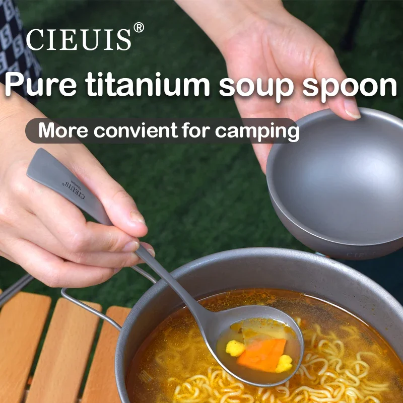 CIEUIS Pure Titanium Spoon Soup Big Tableware Porridge Stew Sauce Deep-bowled Ladle Scoop Sauce Cooking Kitchen Picnic Camping