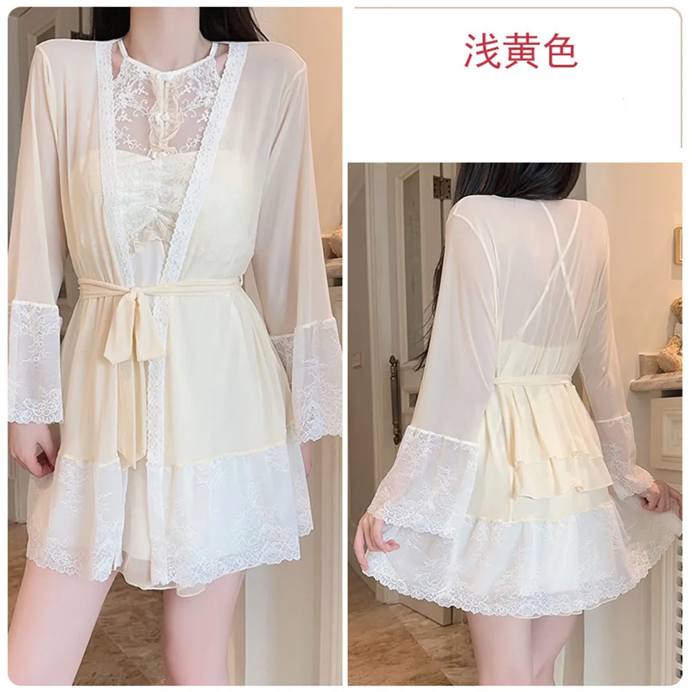 Set di vestaglia twinset in chiffon femminile Abito sexy con reggicalze in rete Camicia da notte Intimo Lingerie Sleepwear Homewear
