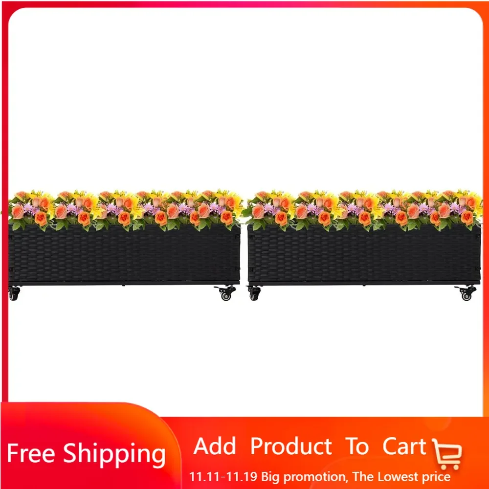 Juego de 2 camas elevadas de ratán para jardín con ruedas bloqueables, macetero de mimbre para exteriores con forro