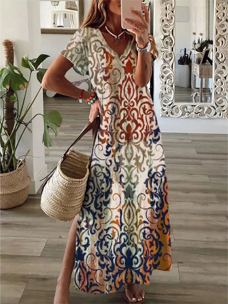 Artistic Printing T-Shirt Style Long Dress Women's V-Neck Slit Maxi Dresses Summer Vacation Party Dress Robe