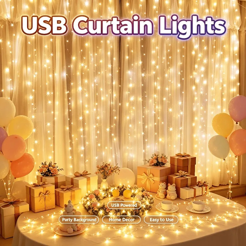 3M/6M USB LED Curtain 8Modes Remote Control String Lights Holiday Wedding Fairy Garland Lights For Bedroom Living Room Decor