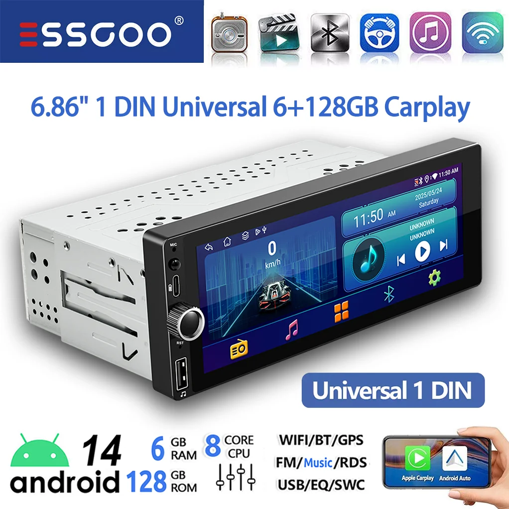 ESSGOO Enkele 1 DIN 6.86 "Android 14 6 + 128G Universele autoradio Radio CarPlay Android Auto BT USB Type-C 4G Wifi AM FM GPS Navi