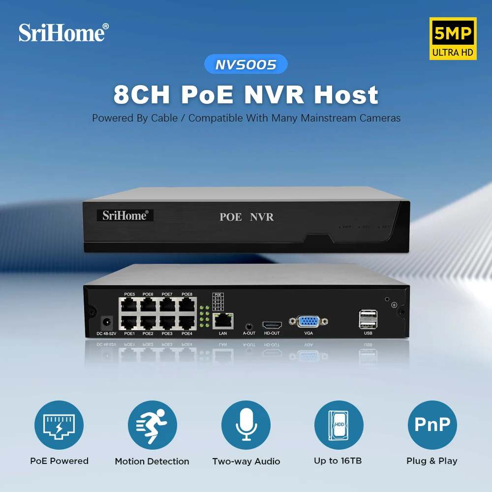 Srihome 4K 8CH POE NVR (1080p/3MP/4MP/5MP/4K) POE Network Video Recorder Surveillance PoE NVR 4/8Channel For On-vif IP HD Camera