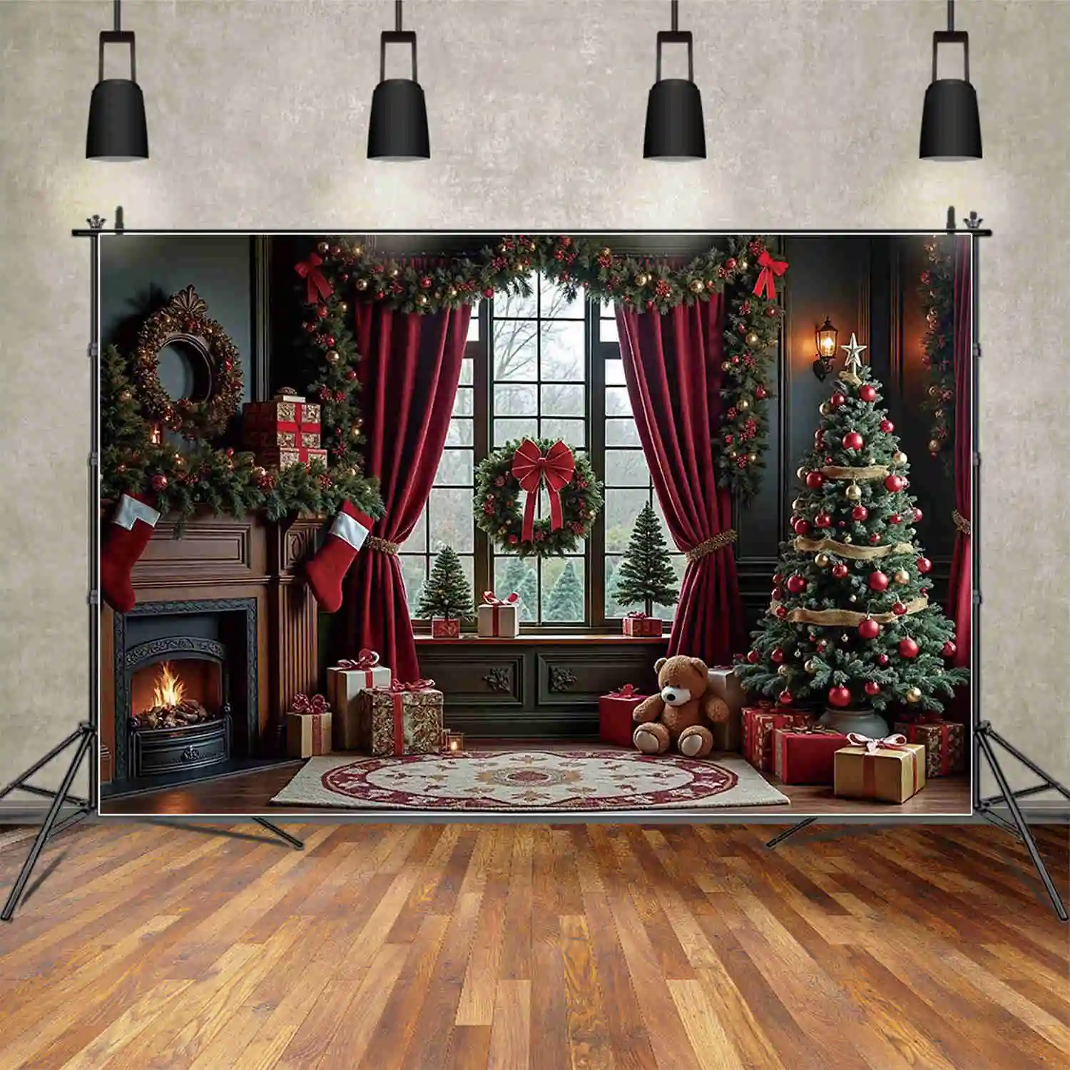 MOON.QG 크리스마스 커튼 테디 베어 사진 배경 나무 공 벽난로 사진 배경 아기 스튜디오 Photocall 용품