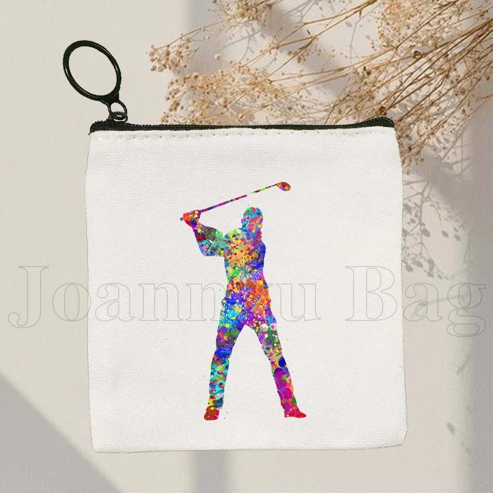 Colorful Male Female Golfer Gifts Golf Player Canvas Coin Purse Canvas Bag Small Square Key Storage Card Bag Wallet Zipper Pouch