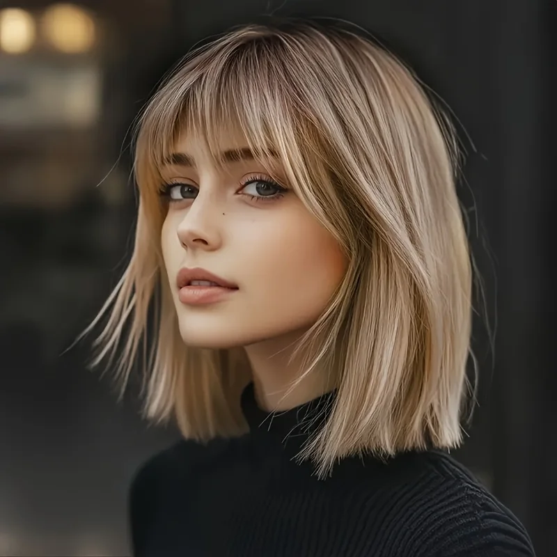 

Brown gradient gold straight wig with bangs Synthetic heat-resistant Women's wigs are suitable for everyday outfits, campus