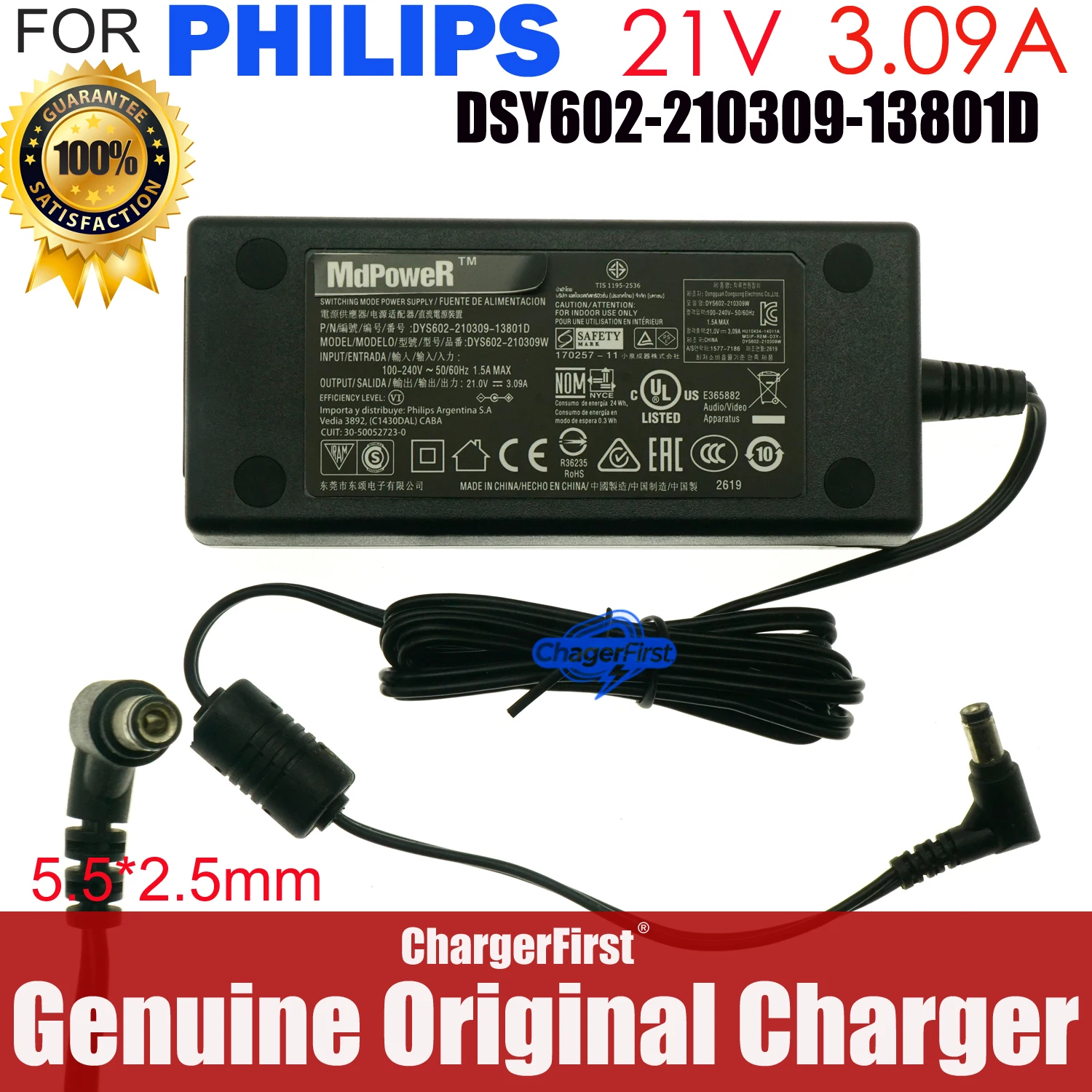 For PHILIPS Charger 21V 3.09A 64.89W 65W DYS602-210309W DYS602-210309-13801D Switching Power Supply AC Adapter Original