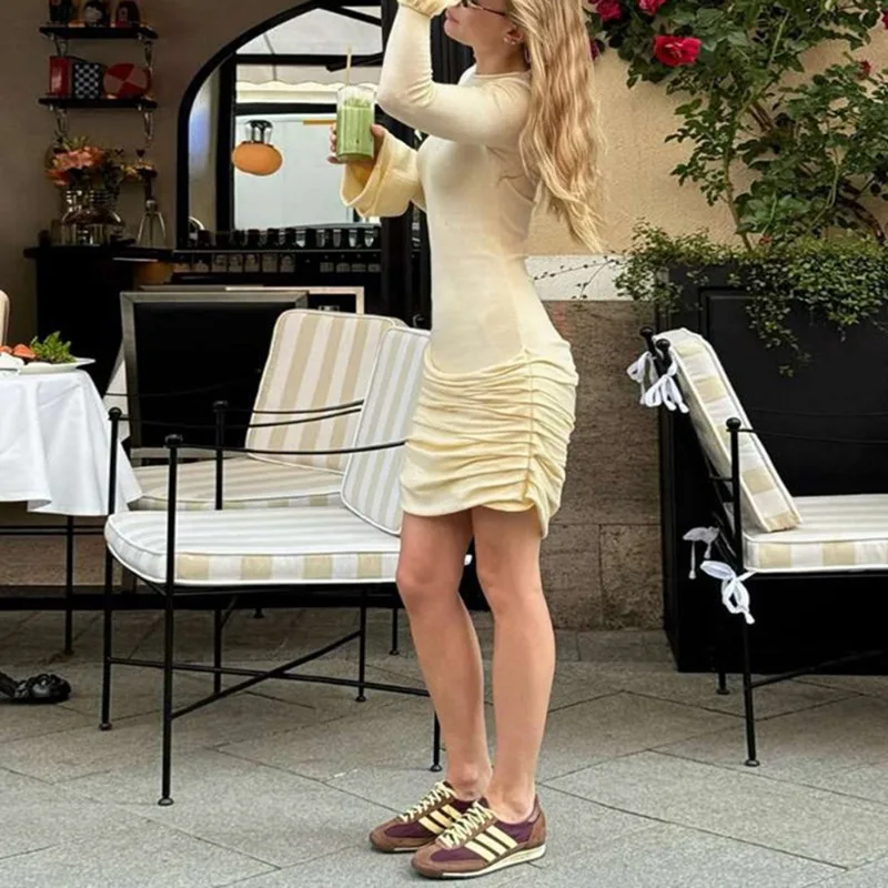 Talenza Elegant Shrink Mini Dress Fashion Flare Sleeve Solid Casual New Dresses High Waist Streetwear Y2k Women Dresses Vestidos