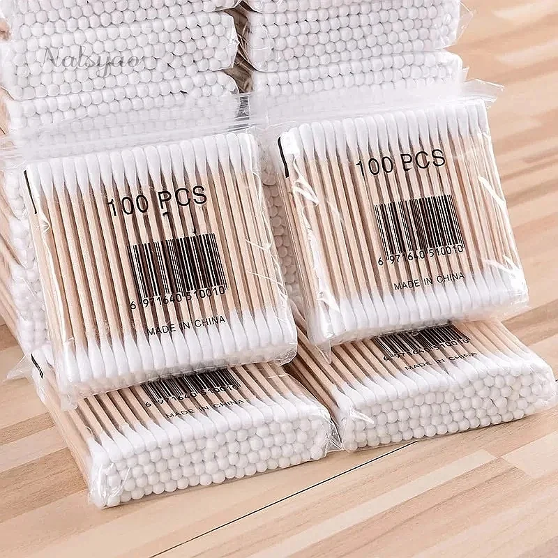 Wholesale 100PCS Wooden Double-Ended Cotton Swabs Makeup Cleaning Disposable Ear Pulling Hygiene Tool