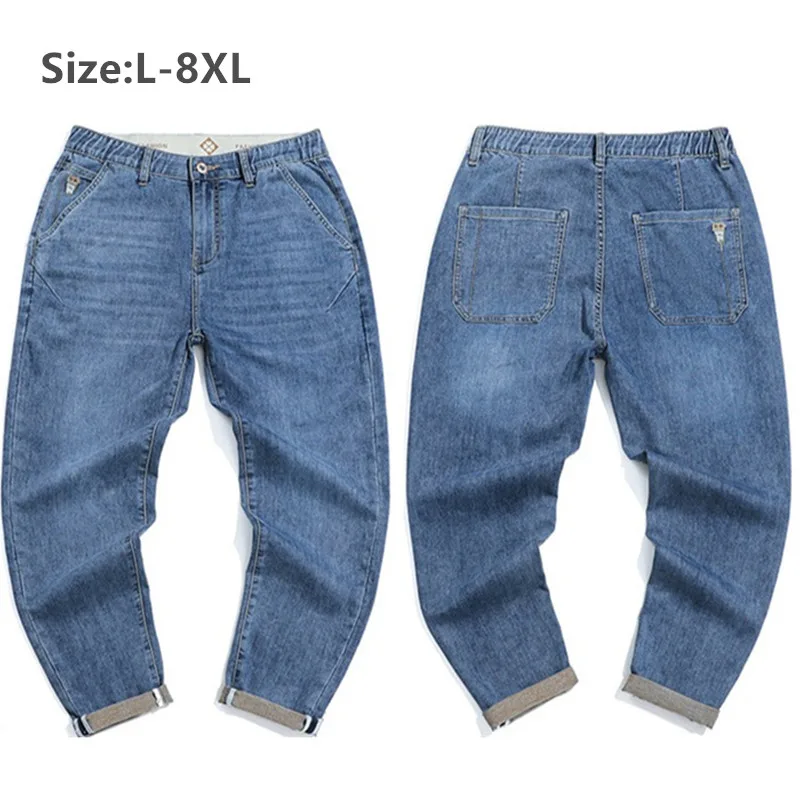 

Spring Denim Trousers For Men Summer Blue Plus Size 7XL 8XL 140KG Elastic Straight Pencil Pants Loose Stretched Long Male Jeans