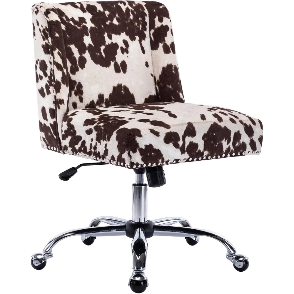 Adjustable Swivel Fabric Chair for Home Office and Living Spaces: Armless Upholstered Accent Chair with Cow Print