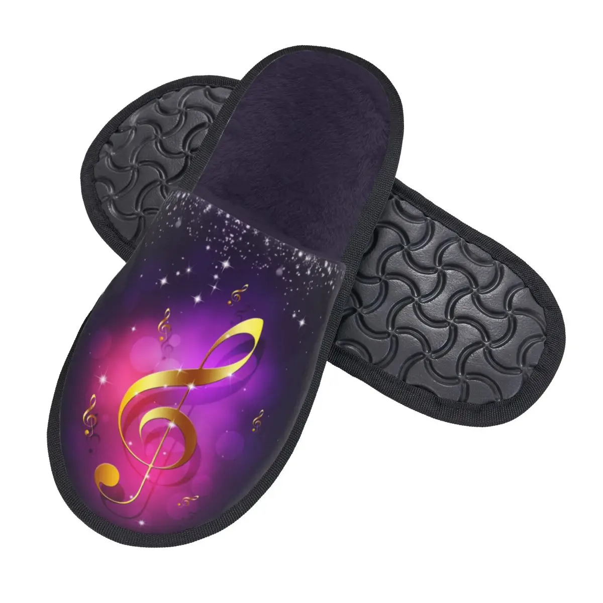 Indoor Gold Music Notes Of Purple Warm Slippers Home Plush Slippers Home Soft Fluffy Slippers