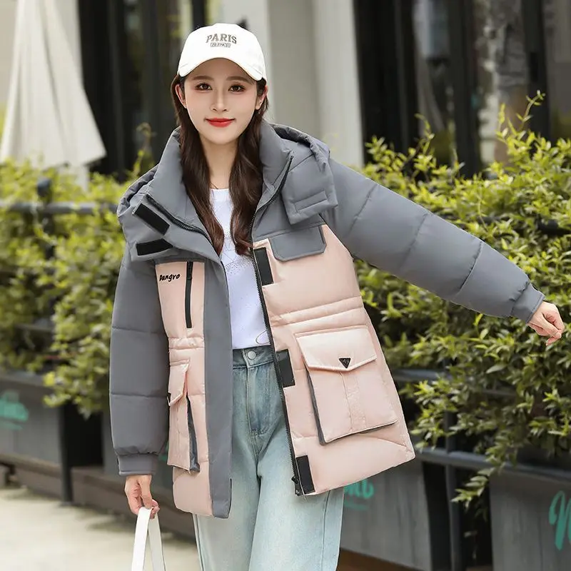 Y2K Two‑Tone Women Winter Puffer Coat Detachable Hood Drawstring Waist Multi Cargo Pocket Loose Casual Parka Coat Outerwear