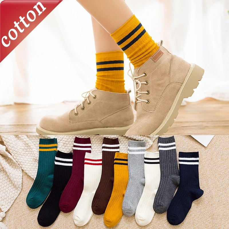 

5-парный комплект женских носков в японскую полоску, простые универсальные носки средней длины, удобные дышащие хлопковые носки для девочек