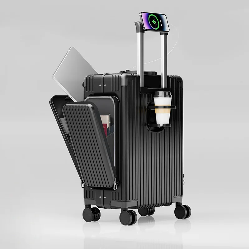 New Front Opening 20 Inch Eco-Friendly Waterproof PC Hard Shell Spinner Carry-On Luggage Brake Wheels Suitcase Cup Holder Lock