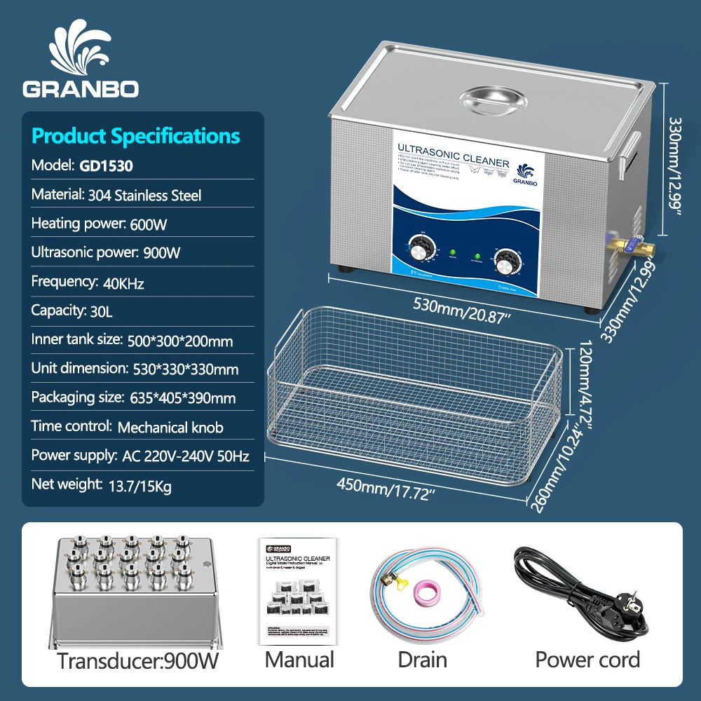 

Granbosonic Ultrasonic Cleaner with Heater Timer 30L 600~900W Ultra Sonic Washer for Lab Tools Carburetor Engine Parts