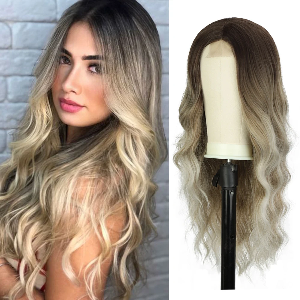 Peruca de onda de água loira Ombre para mulheres, perucas onduladas longas, cabelo sintético, peruca natural da parte média, resistente ao calor