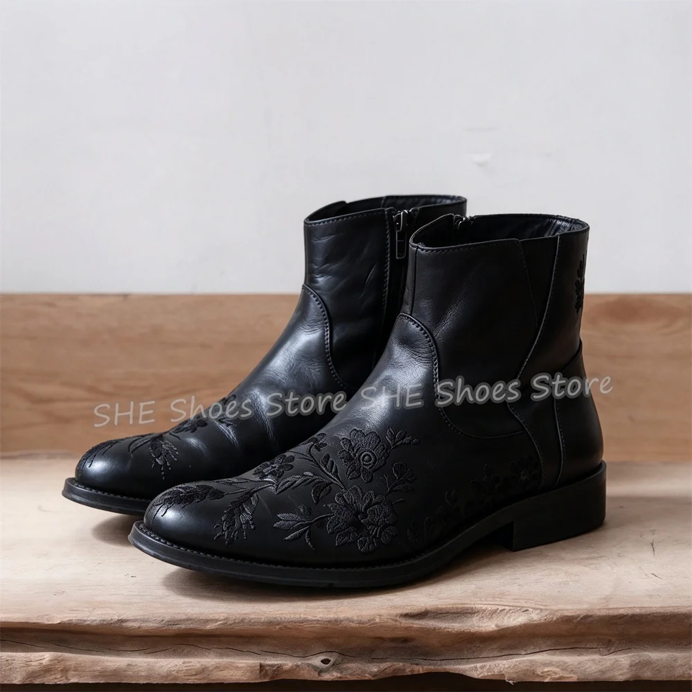 Floral Embroidered Black Pu Leather Ankle Boots Male Distressed High Top Side Zipper Short Boots British Style Motorcycle Boots