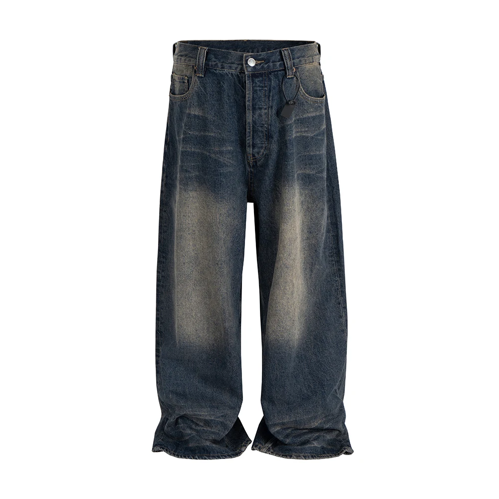 Rivet Pu Leather Pockets Washed Vintage Mens Baggy Jeans Straight Loose Casual Denim Trousers High Street Harajuku Cargo Pants
