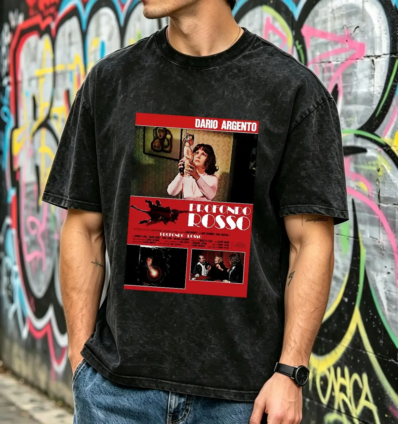 washed T Shirt THE DEEP RED 1975 MOVIE POSTER PROFONDO ROSSO CLASSIC vintage Washed Breathable Versatile Stretched streetwear