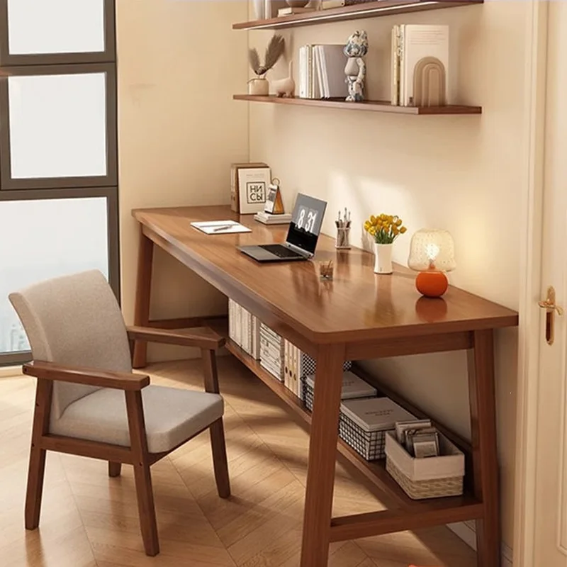 Solid wood desk Student double strip writing study table Home bedroom Office simple computer desk