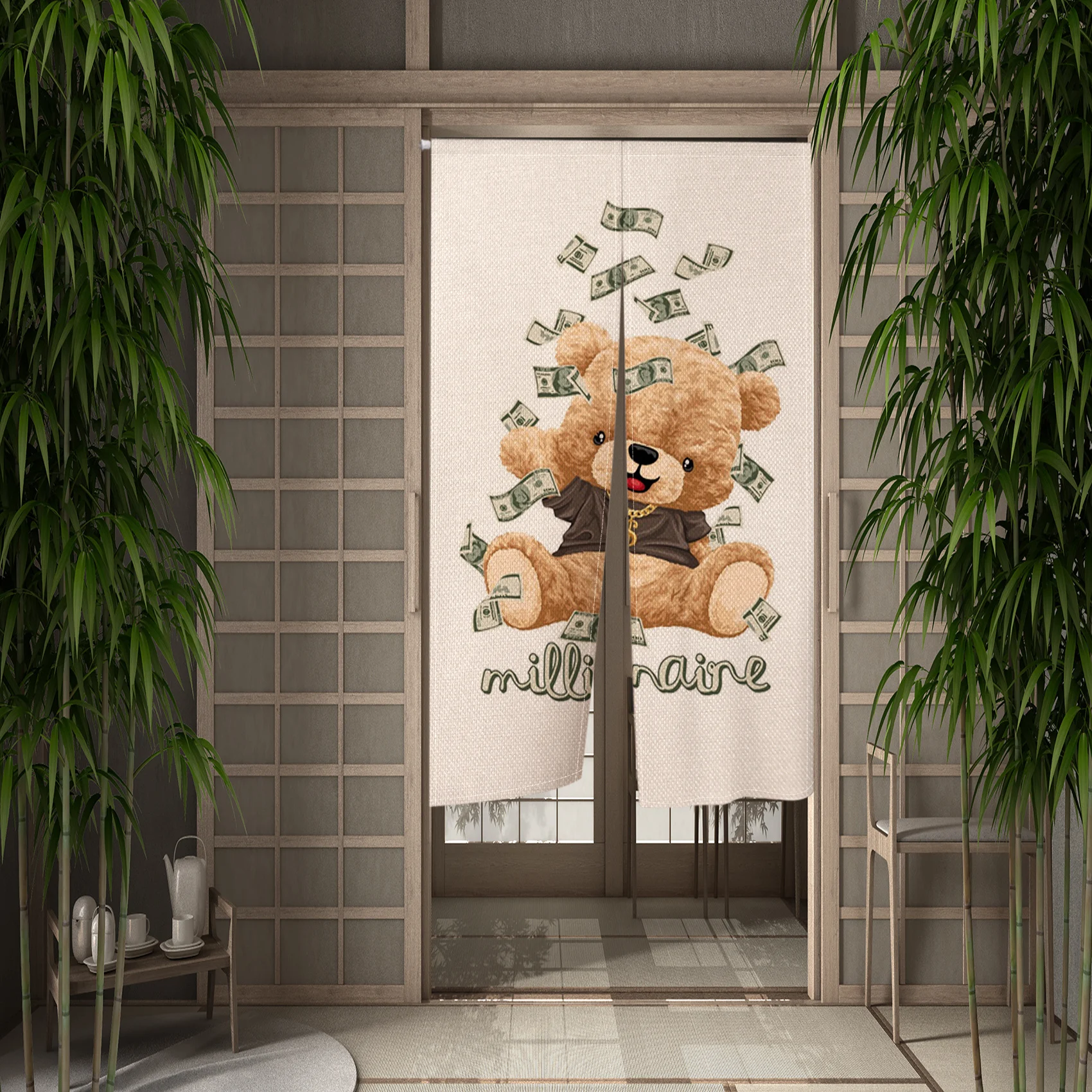 Smiling Face Door Curtain Nordic Half Partition Curtains Teddy Bear Printing Bedroom Living Room Kitchen Hanging Curtain Decor