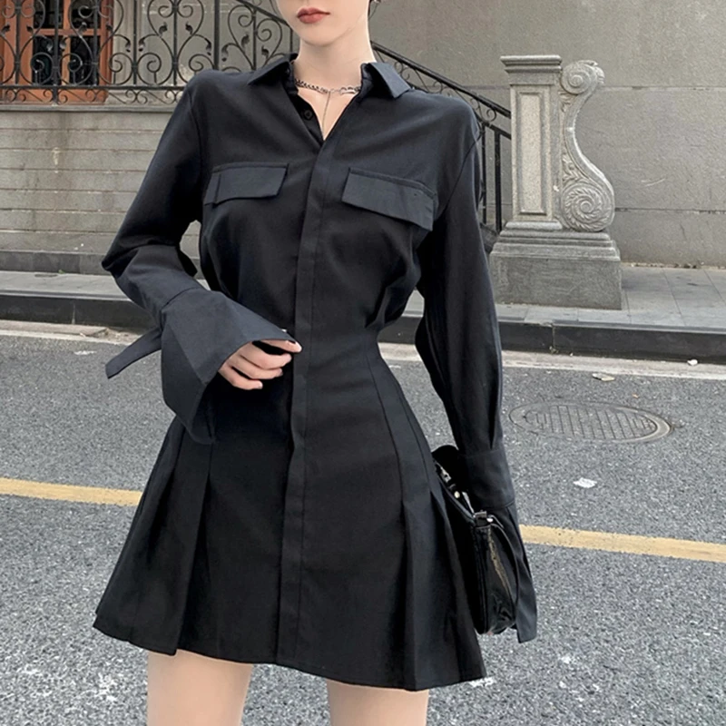 Y2k Black Women Shirts Korean Slim Chic Female Casual Blouse Dress Harajuku Autumn Fashion New Flare Sleeve Ladies Tops