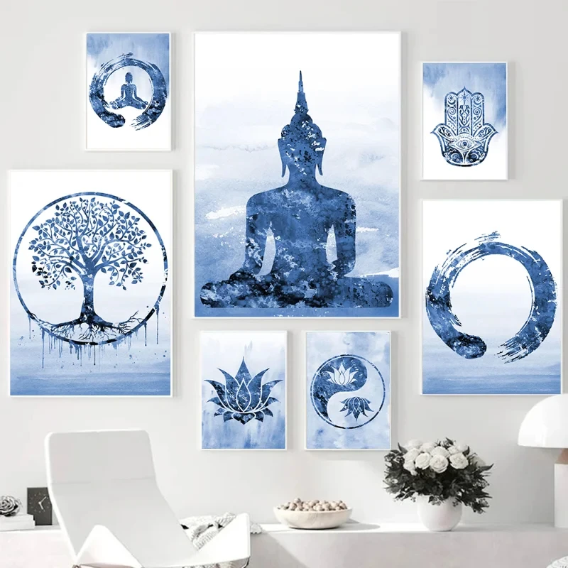 Modern Buddha Lotus Zen Meditation Print Canvas Painting, Blue Lotus Gossip Poster Wall Art,For Living Room Home Decor, No Frame