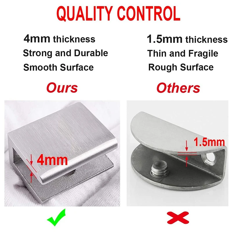 

Набор из 4 регулируемых кронштейнов для стеклянных полок из нержавеющей стали 304, зажимы-держатели для стекла, толщина 0,23-0,35 дюйма, матовая отделка