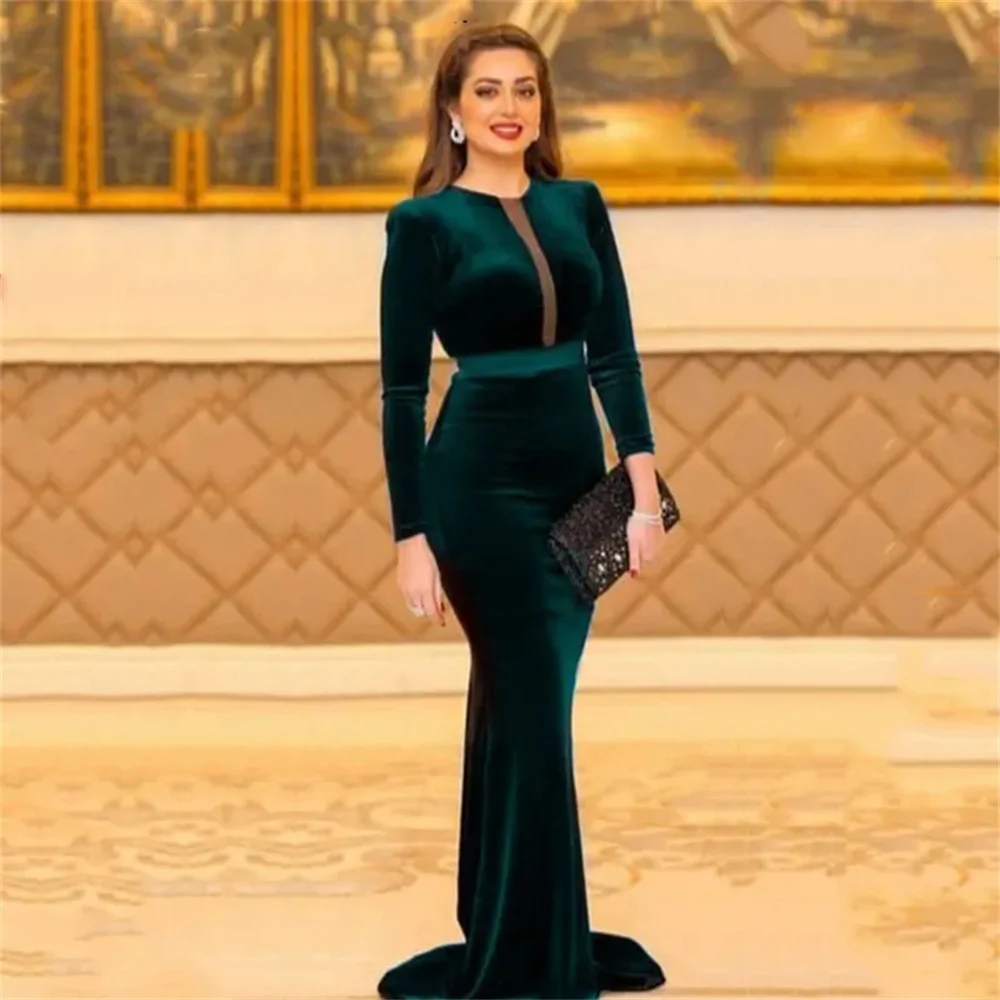 

New Dark Green Formal Evening Dresses For Women O-Neck Long Sleeves Sheath Slim Mermaid Velour Prom Dress Long Party Dress