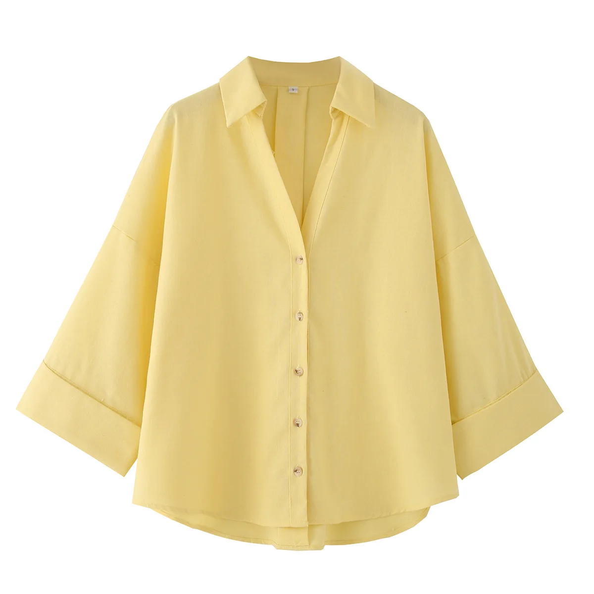 

2025 Summer Women's Casual Fashion Comfortable Simple Loose Wide Sleeve Single-breasted Lapel Shirt Linen Blend V-Neck Blouse