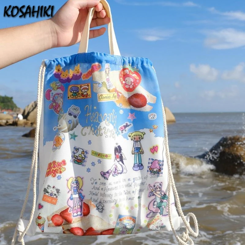 Canvas Bag Drawstring Backpacks Y2k Aesthetic Handbag Women Cartoon Print Students Kawaii Ins Schoolbags Harajuku All Match Bags