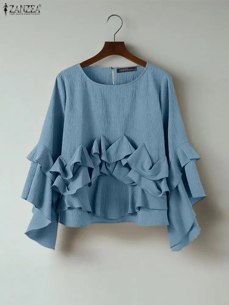 ZANZEA بلوزة نسائية مكشكشة بأكمام طويلة 2025 بلوزات على الموضة رقبة مستديرة قميص فضفاض غير رسمي أنيق ملابس الشارع الكورية Blusas Mujer
