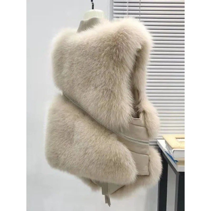 เสื้อคลุมขนเฟอร์เทียมแบบสวมสำหรับผู้หญิง แขนกุด ตัดต่อ แต่งซิป คอปก ทรงเข้ารูป หนา อุ่น สไตล์สตรีทแวร์ลำลอง ฤดูหนาว 2025